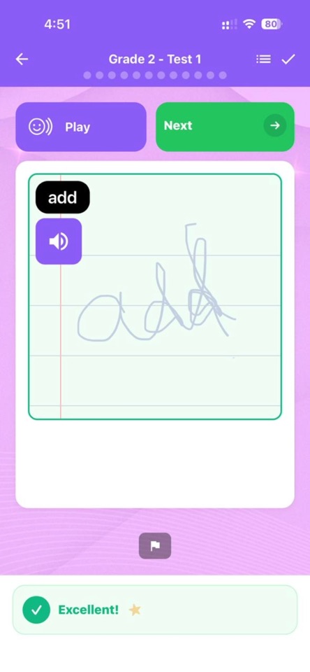 A handwritten word in Cody Spell’s practice screen
